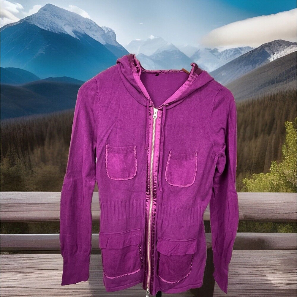 Purple Satin Trim Hoodie Jacket Full Zip Pocket Detail Retro Streetwear‎ Medium